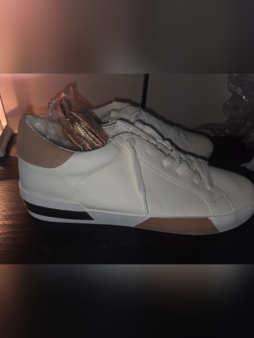 Mks Boutique White Leather Lace-Up Sneakers with Cream W Rose Gold Accents